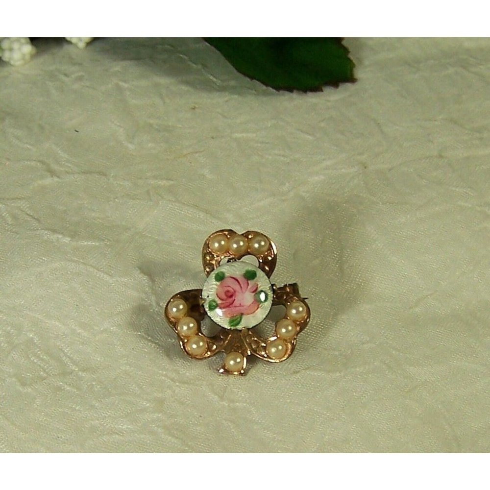 Guilloche Enamel Pronged Small Holy Trinity Clover Vintage Brooch Faux Pearls